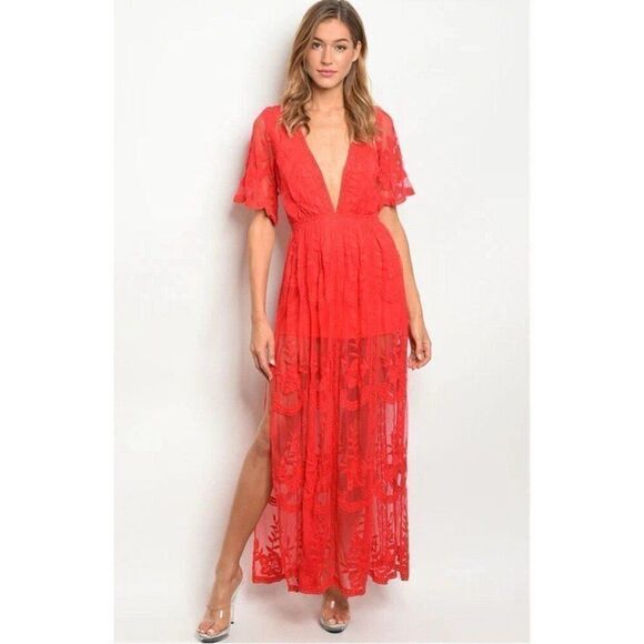 NEW Anthropologie Red Romantic Fairy Boho Coquette Soft Girl Dainty Lace Dress - Picture 2 of 10
